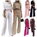 C0308 Latest Design Office Outfits for Women Half Sleeve O-neck Top + High Waist Wide Leg Pants Set Two Piece Set Women Clothing