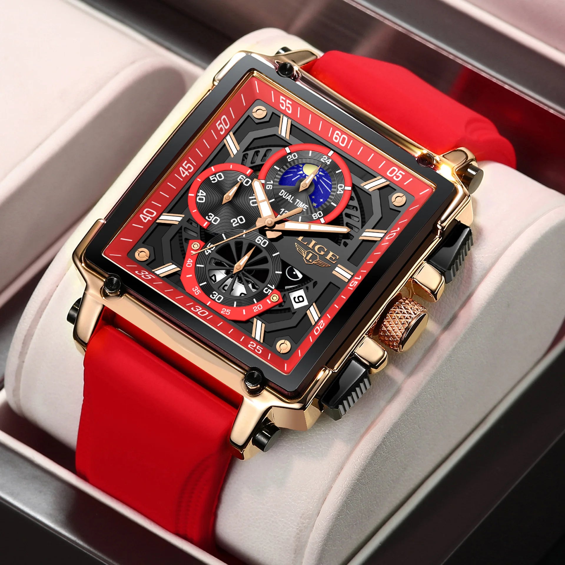 LIGE LG8986 Red Square Men's Luxury Quartz Watch Big Dial Waterproof Luminous Chronograph Silicone Sport Wrist Band 22mm Analog