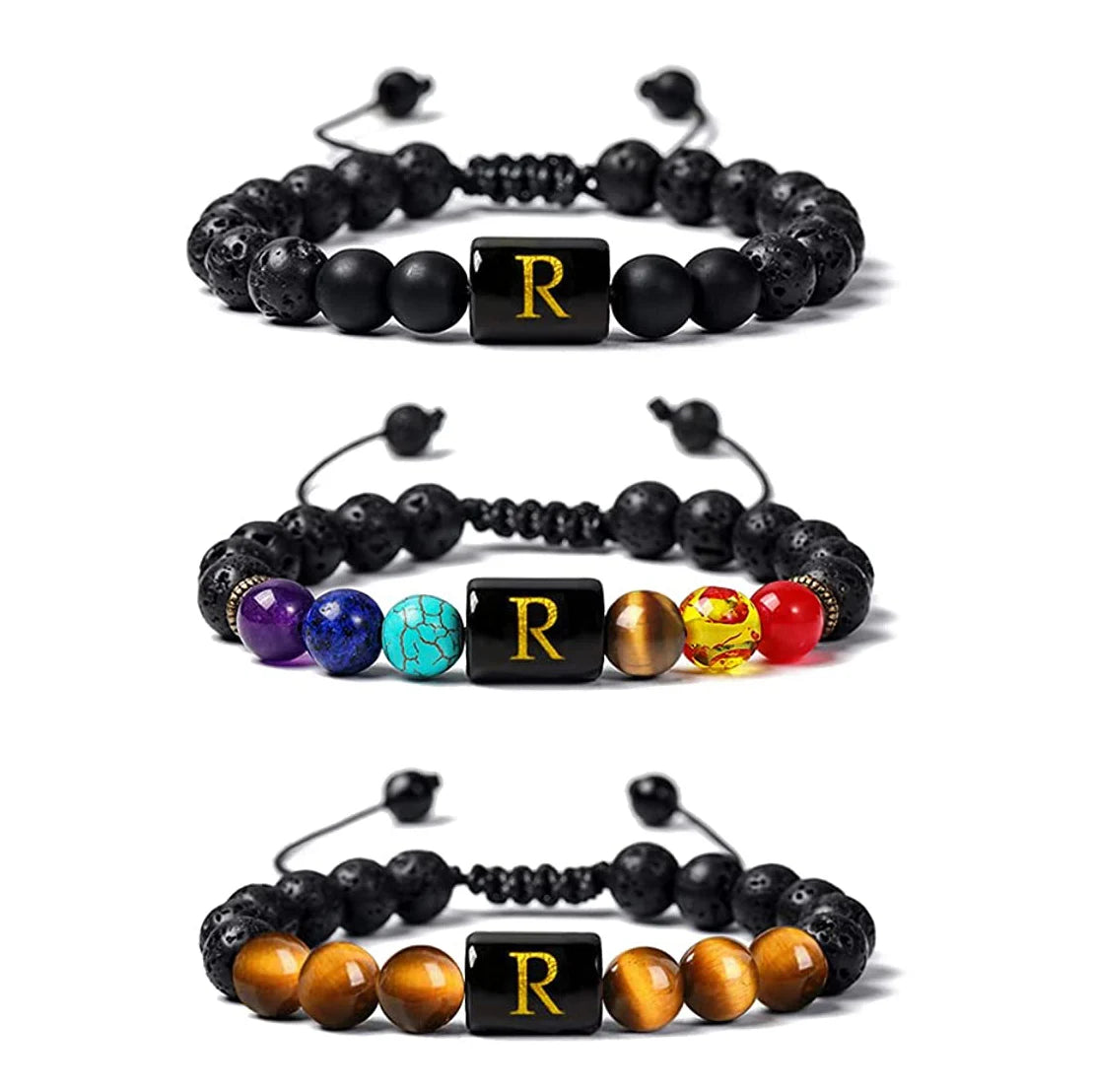 Initial Letter Beaded Bracelets Lava Rock Healing Stone Bracelets Chakra Tiger Eye Stone Braided Rope Bracelet