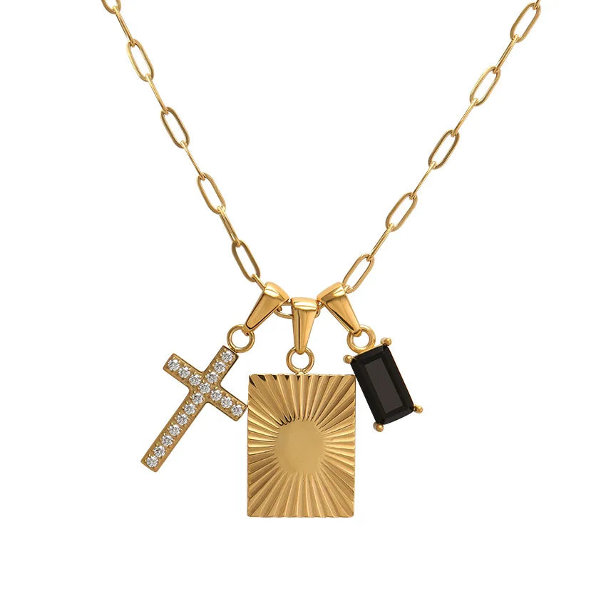 Fashion Black Zircon Square Cross Combination Titanium Steel Pendant Necklace Waterproof Stainless Steel Necklace Jewelry