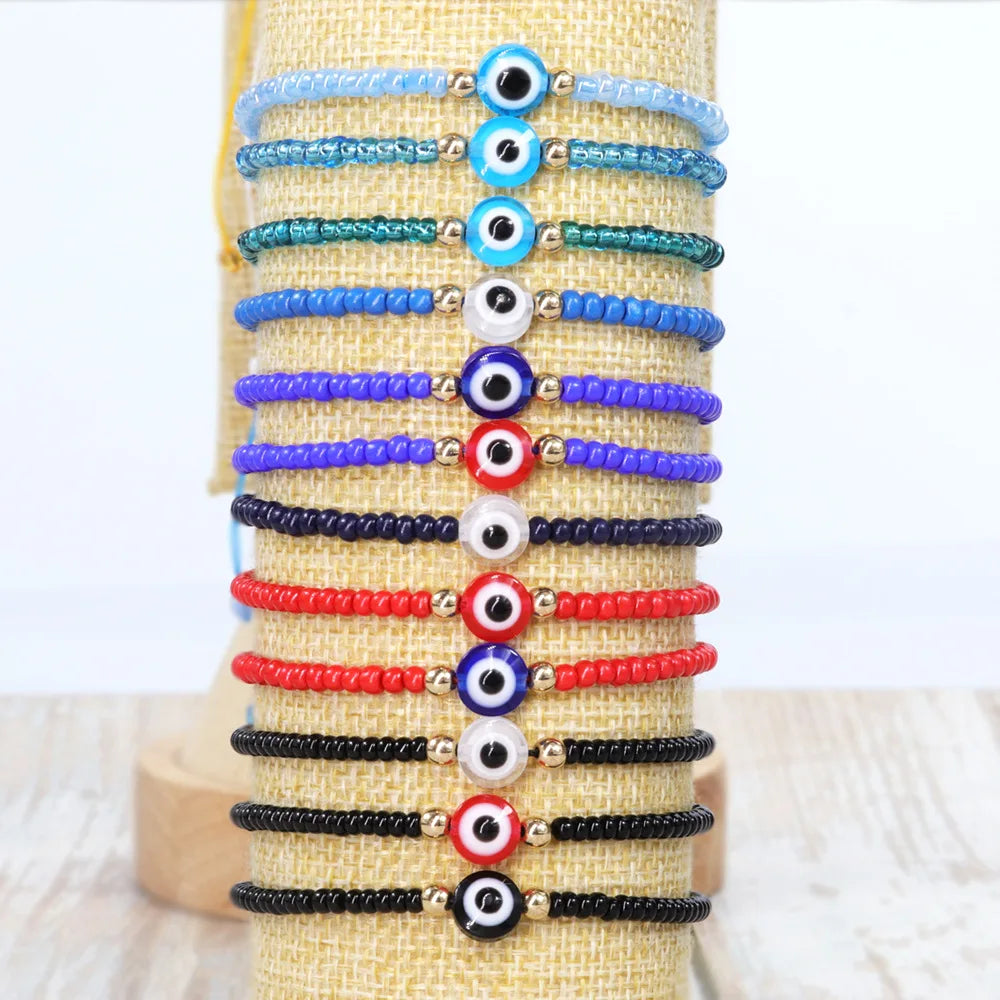 Boho Stackable Handmade Chinese Glass Seed Beads D-evil Eye Bead Charm String Rope Adjustable Knot Bracelet Jewelry Women