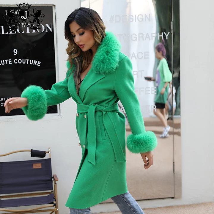 Luxury Womens Clothing Cashmere Coat Fashion Wool Coat Fox Fur Jacket Cashmere Fox Fur Coat