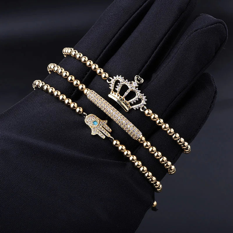 Hot Selling Stainless Steel Beads 18K Gold Plating CZ Pave Hamsa Crown Charm Beaded Braided Macrame Custom Bracelet Women Men