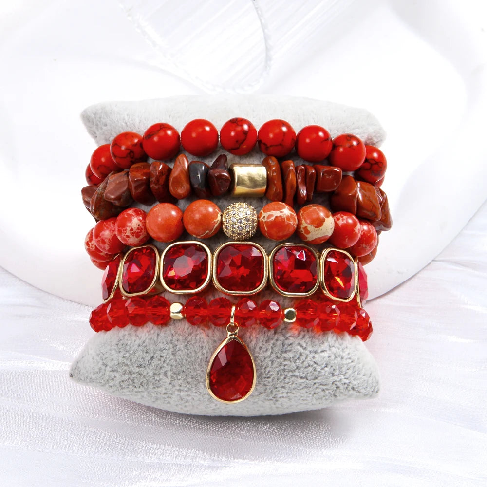 New Fashion Bohemian Style Women's Jewelry Natural Stone Glass Bead Elastic Bracelet Multicolor square Druzy Bracelet Set