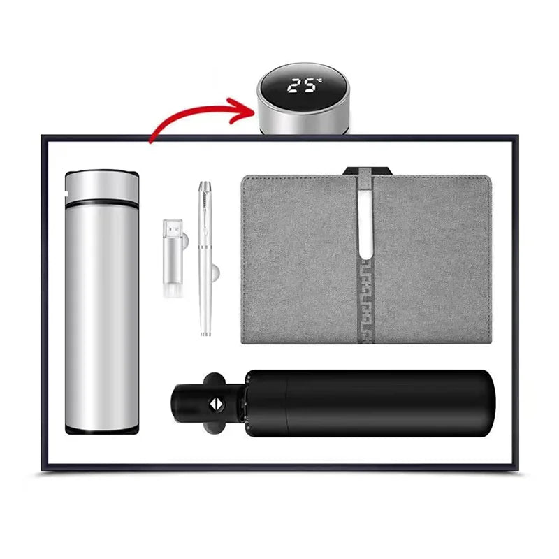 Factory Custom Logo Temperature Display Thermos Cup Umbrella Notebook With Metal Pen USB Flash Drive Business Gift Sets in Box