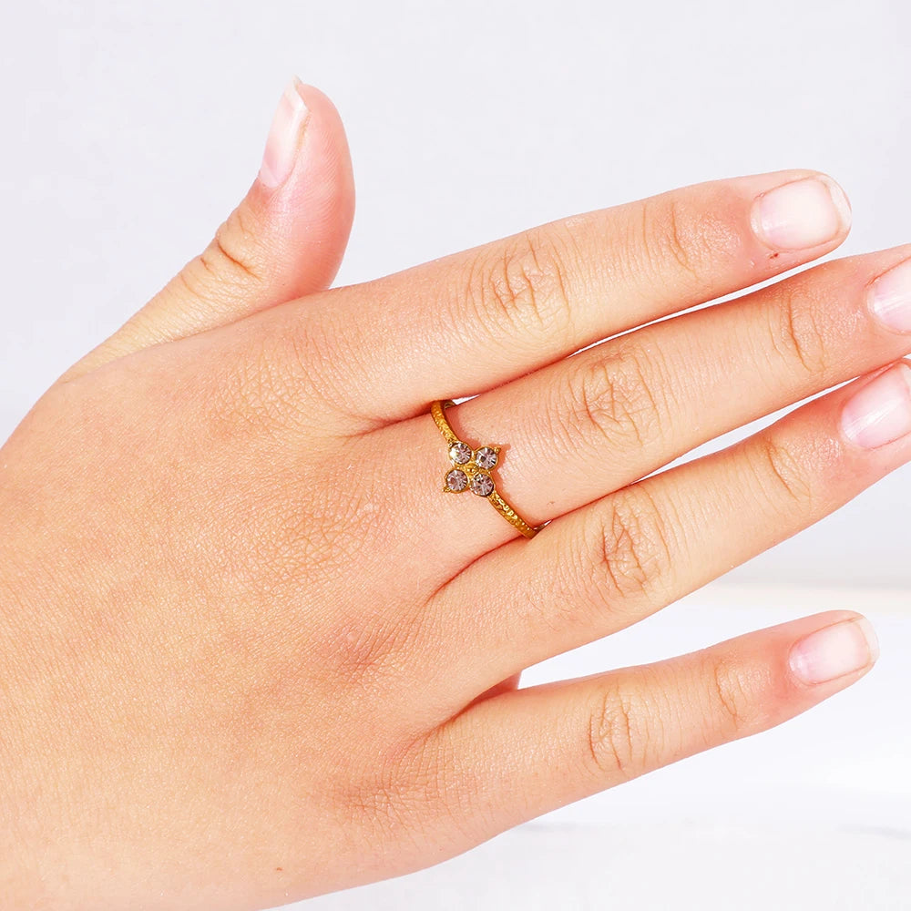 Dainty New Stainless Steel 18K Gold Plated Waterproof Flower Diamond Adjustable Openwork  Ring for Women Valentine's Day Gift
