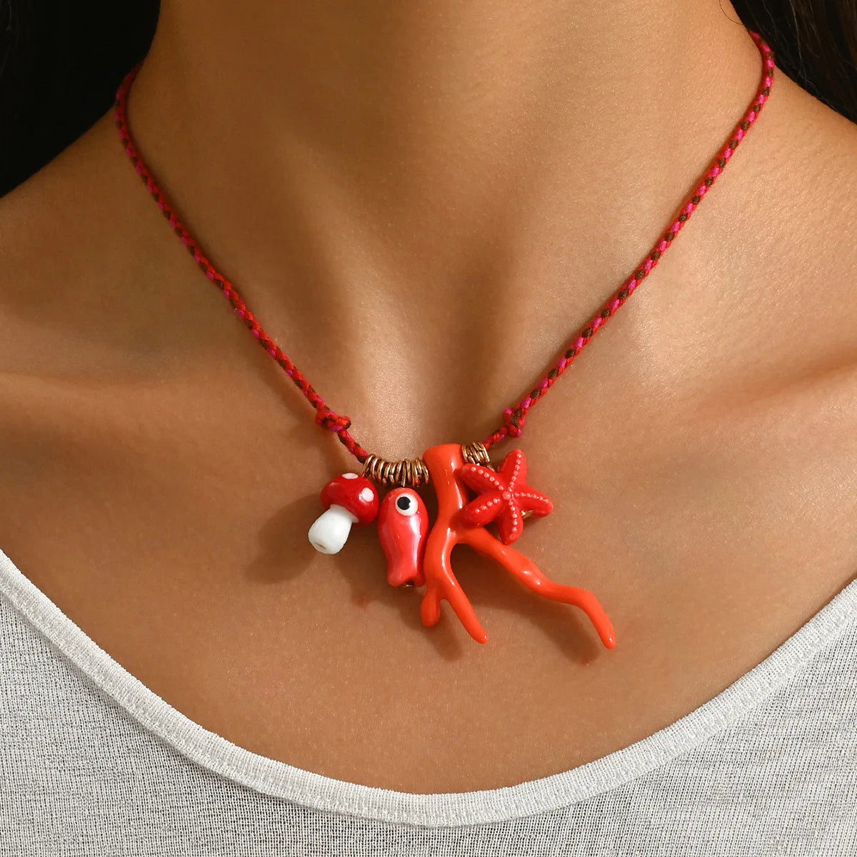Bohemian Ocean-Inspired Vibrant Ceramic Mushroom Fish Coral Starfish Pendant Necklace Summer Beach Jewelry for Women Girls