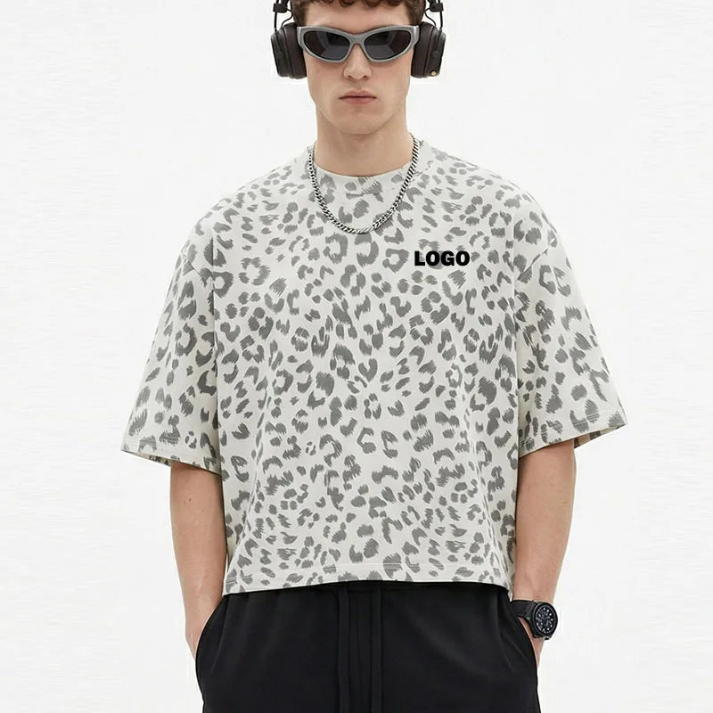 CustomLeopard Printed Boxy Loose T Shirt Gym Wear Custom Printing Embroidery Logo Cotton Summer Fitness T Shirts for Men