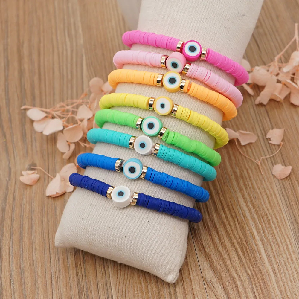 Geometric Candy Color 6mm Polymer Soft Clay Woven Evil Eye Glass Bead Charm Bracelet Women