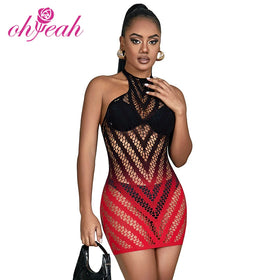 Black and Red Two-color Lingerie Women Gradient Sleeveless Sexy Bodystocking Stretchy Halterneck Fishnet Women's Clothing