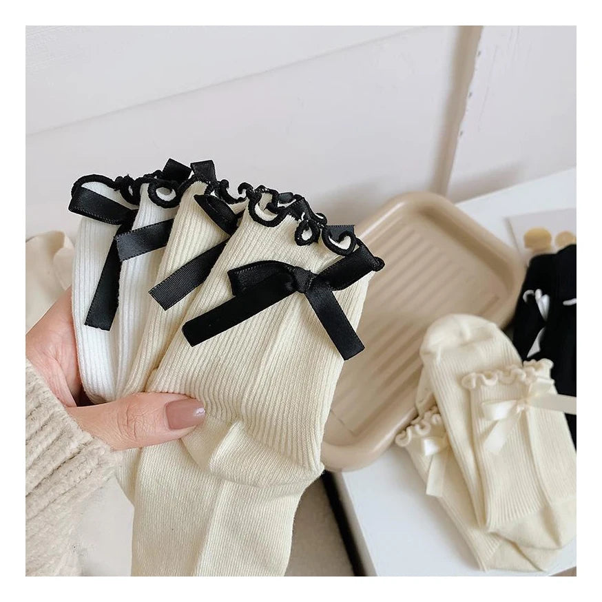 Hot Selling Lovely Stylish Ruffle Soft Cotton Girl Women Crew Socks With Bow