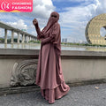6608# Abaya Suit Nida Solid Color Two Pieces Long Pleated Elastic Cuff Long Prayer Top and Skirt With Pockets Abaya Dress