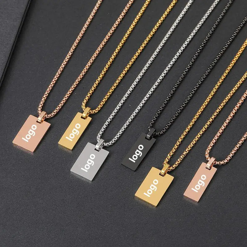 Customized square Tag Necklace Stainless Steel Necklace with Gold Plated Pendant Engraved Word Message NecklaceTrendy Jewelry