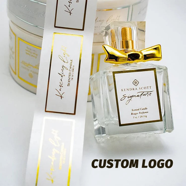 UV Printing Waterproof White Luxury Gold Sliver Foil logo Sticker Reflective Rectangle Custom Candles Scented Labels