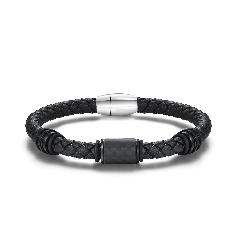 Solid Metal Designs Personalized Genuine Leather Bracelet With Forged Carbon Fiber Tube Wristband Bracelet for Men AS-005