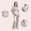 2 Pieces Long Sleeves Silver Grey Silk Night Sleep Wear New Arrivals Silk Night Pajama Set for Women