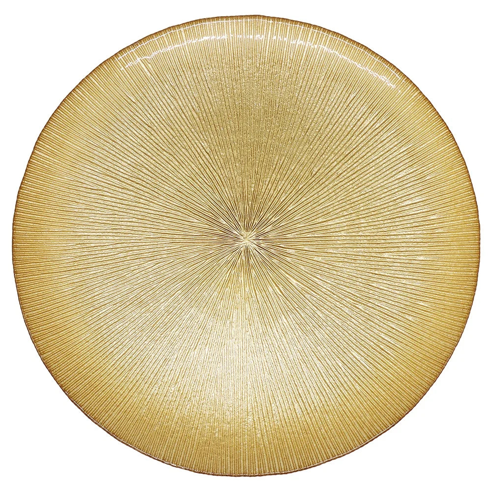 Luxury Silver Gold Blue Round 13Inch Vertical Pattern Tableware Dinning Decor Glass Charger Plates for Wedding Banquet Events