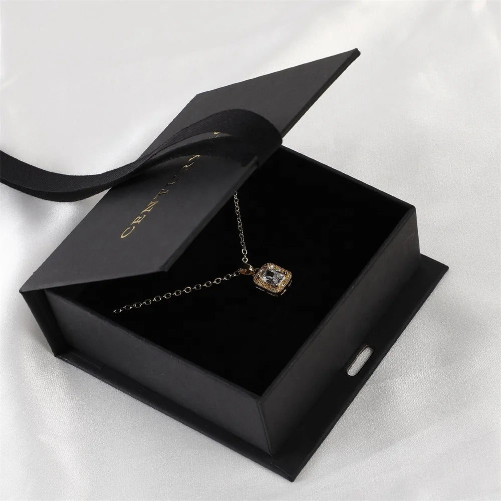 PUPPYSEW 9.5*9.3*3.5cm Black  Luxury Cardboard Bracelet  Necklace  Jewelry Box with Roibbon Flap  Jewelry Boxes with Foil  logo