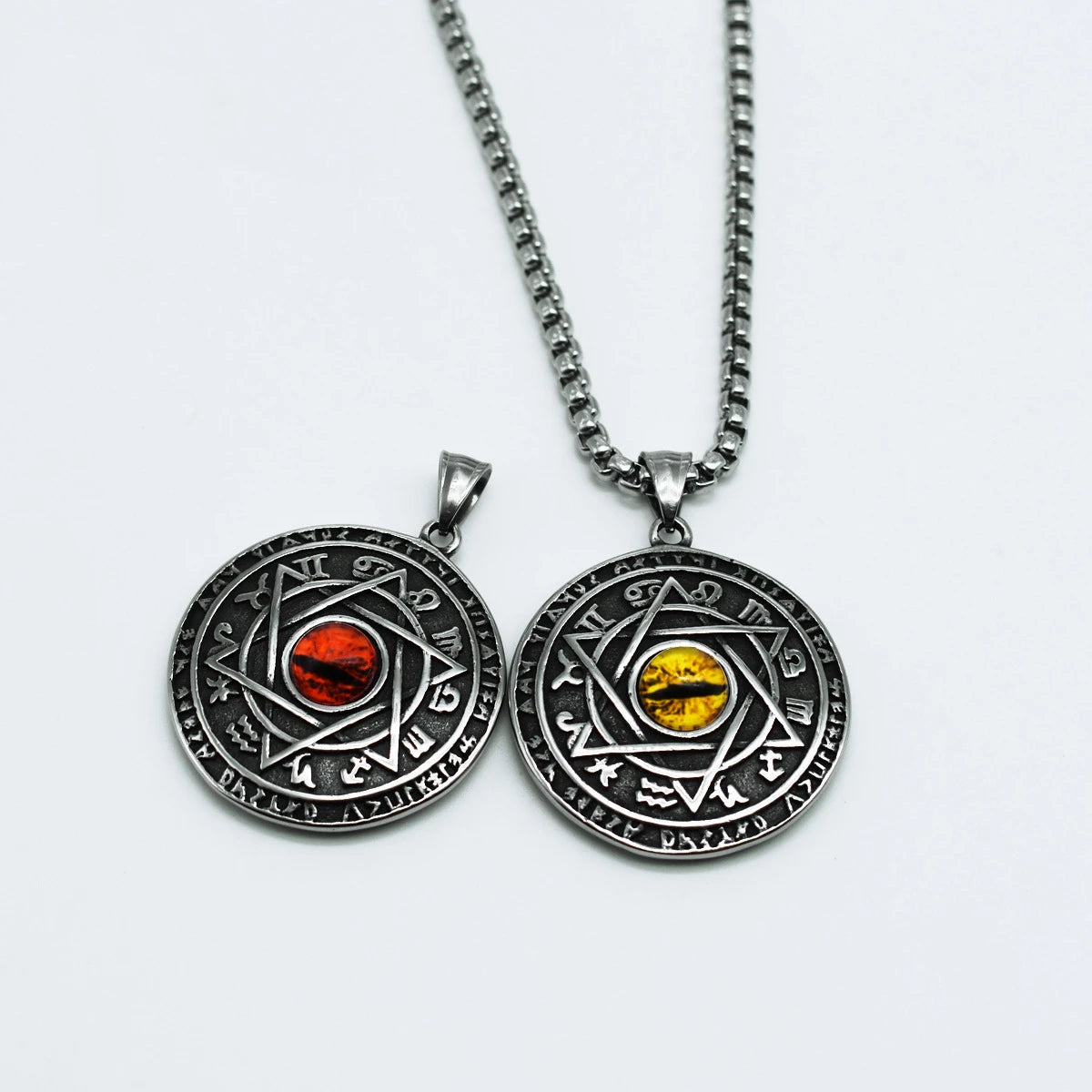 Retro Red Yellow Devil Eye Talisman Pendant Necklace Solomon Pendant Necklace Stainless Steel Star Zodiac Necklace for Men Women