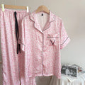 Pink Leopard Patterned Ice Silk Pajamas for Women Summer Short Sleeved Long Pants Set for Home Wear Printed for a Cool Feel and