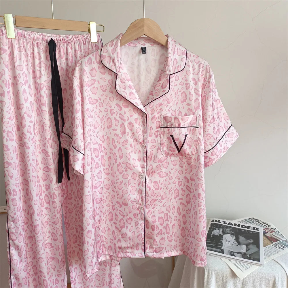 Pink Leopard Patterned Ice Silk Pajamas for Women Summer Short Sleeved Long Pants Set for Home Wear Printed for a Cool Feel and