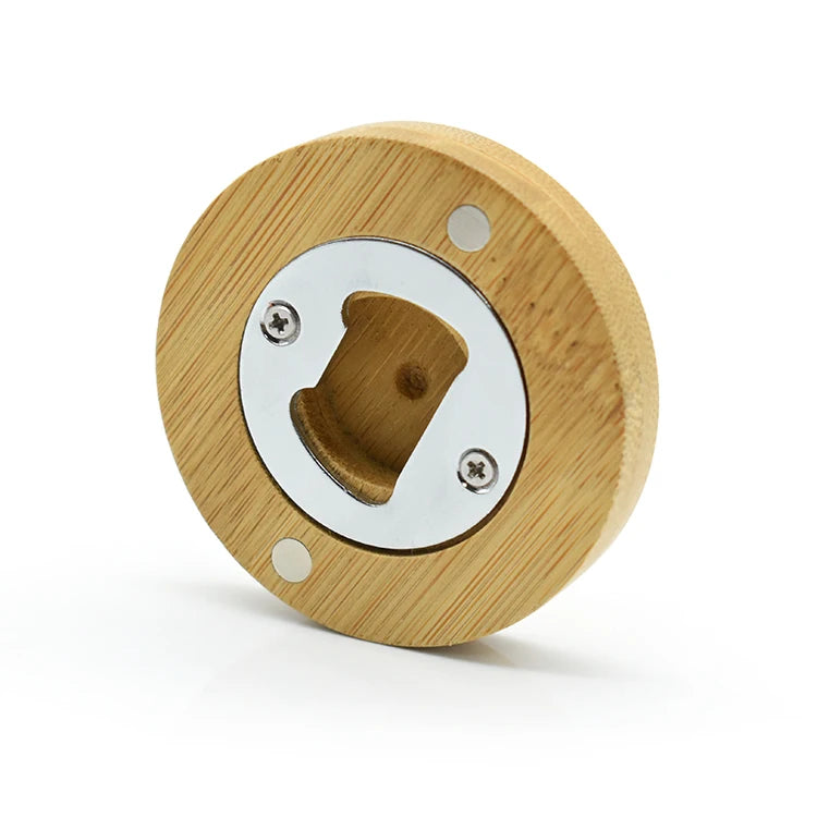 Magnetic Custom Beer Bottle Opener Round Thick Bamboo Coaster Beer Craft Bottle Opener