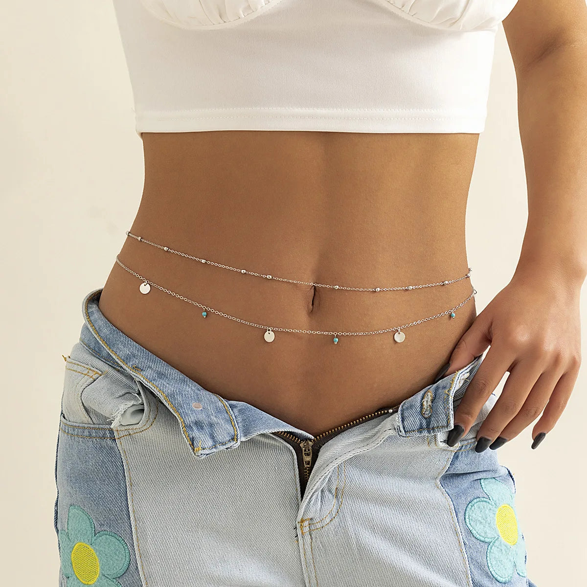 Simple Double-layer Chain Casual Pants Chain Fashionable Retro Turquoise Waist Chain