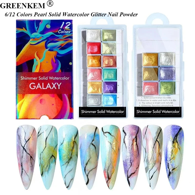 6/12 Colors Pearl Solid Watercolor Glitter Metallic Powder Shimmer Nail Dip Powder Kit Paint Iridescent Pigment Powder for Nail
