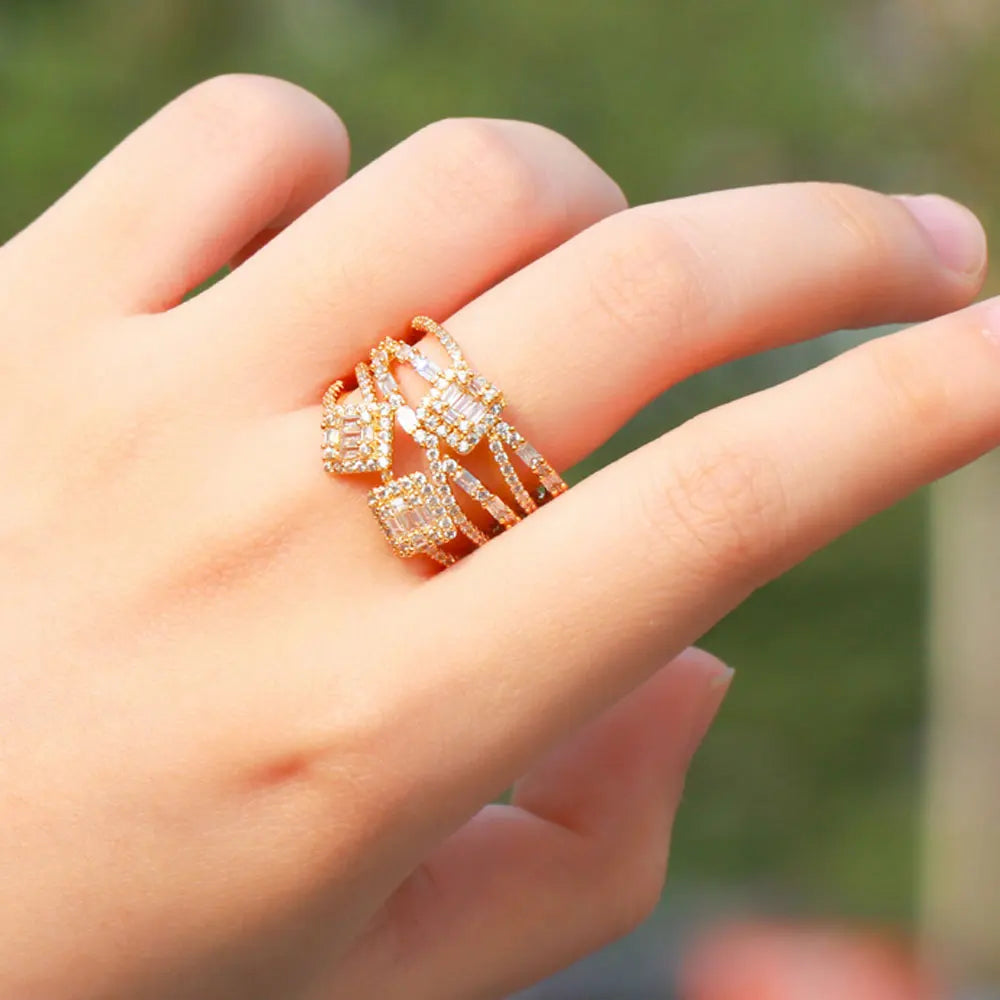 18k Yellow Gold Plated Luxury Designs CZ Cubic Zircon Adjustable Opening Promise Ring for Women Engagement Wedding Party Jewelry