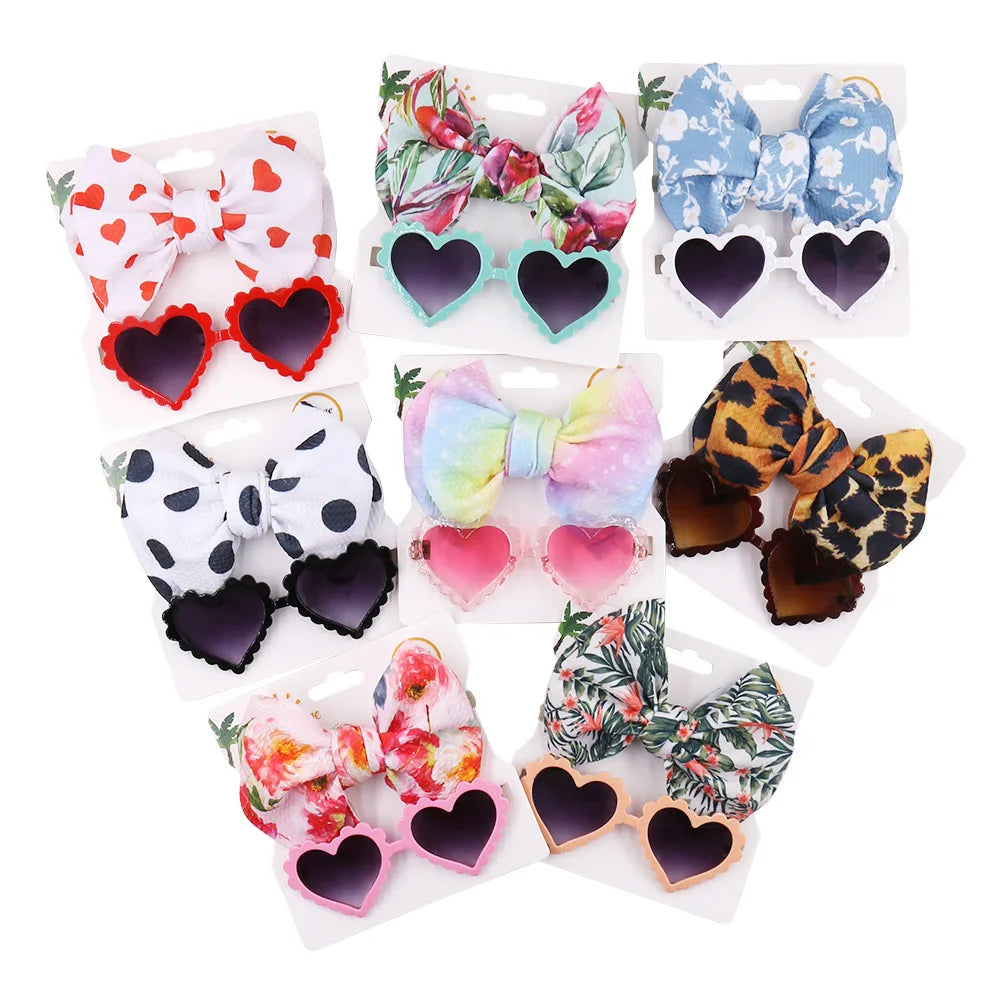 Wholesale Fashion Toddler Autumn Winter Sunglass love Heart Shade Designer Sunglasses and Leopard Print Headbands 2Pcs/Set