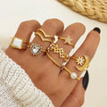 Bohemia Fashion Boho Crystal Pearl Moon Star Ring Set For Women Geometric Knuckle Finger Rings Female Trendy Party Jewelry