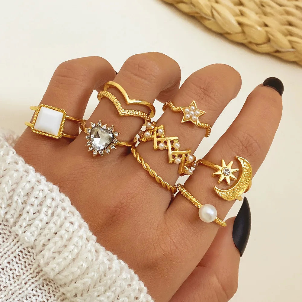 Bohemia Fashion Boho Crystal Pearl Moon Star Ring Set For Women Geometric Knuckle Finger Rings Female Trendy Party Jewelry