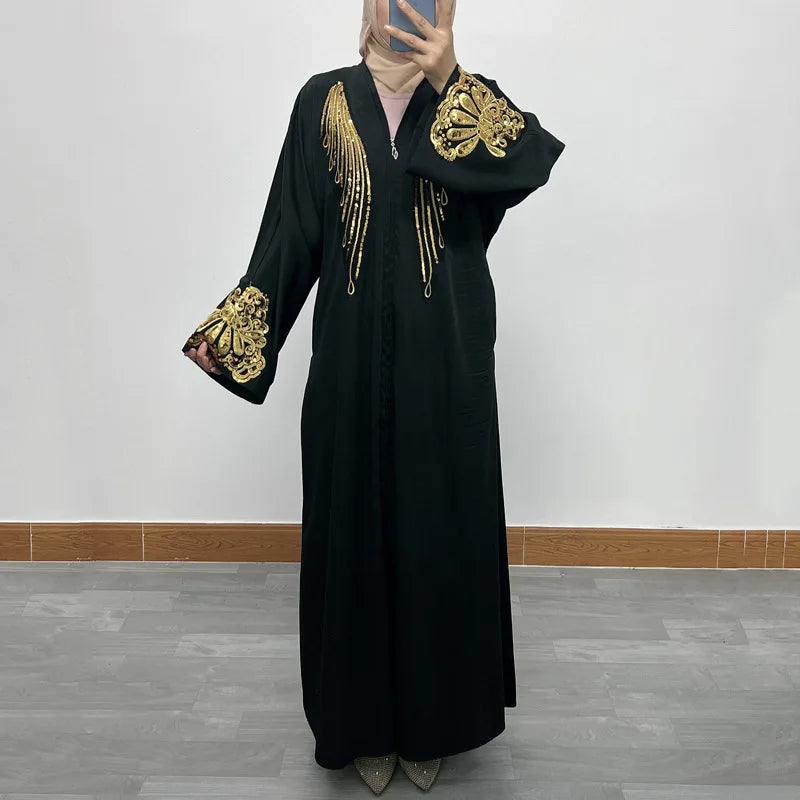 2024 Spring DEMU Women's Solid Color Long Skirt Dubai European and American Embroidered Zipper Cardigan Robe Factory Direct Sale