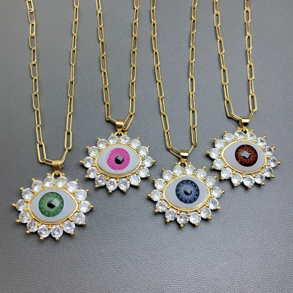 Shiny Zircon Resin Evil Eye Pendant Necklace for Women Sweater Chain Long Turkish Eye 2022 Jewelry Wholesale