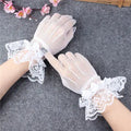 Lady Bride Wedding Party Elegant 100% Polyester Wrist Length Gloves Fishing Net Bow White Black Short Lace Elastic Dress