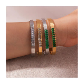 Ins American European Design 18K Gold Plated Cuff Bangle With Chain Diamonds Green White Cubic Zircon for Women