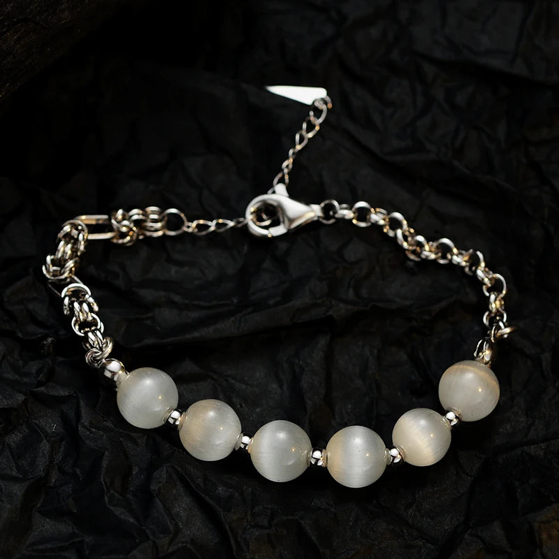 ICEBELA Jewelry Moonstone Bead Bracelet for Girls S925 Sterling Silver Chinese Jade Handwork Texture Transparent Bracelet