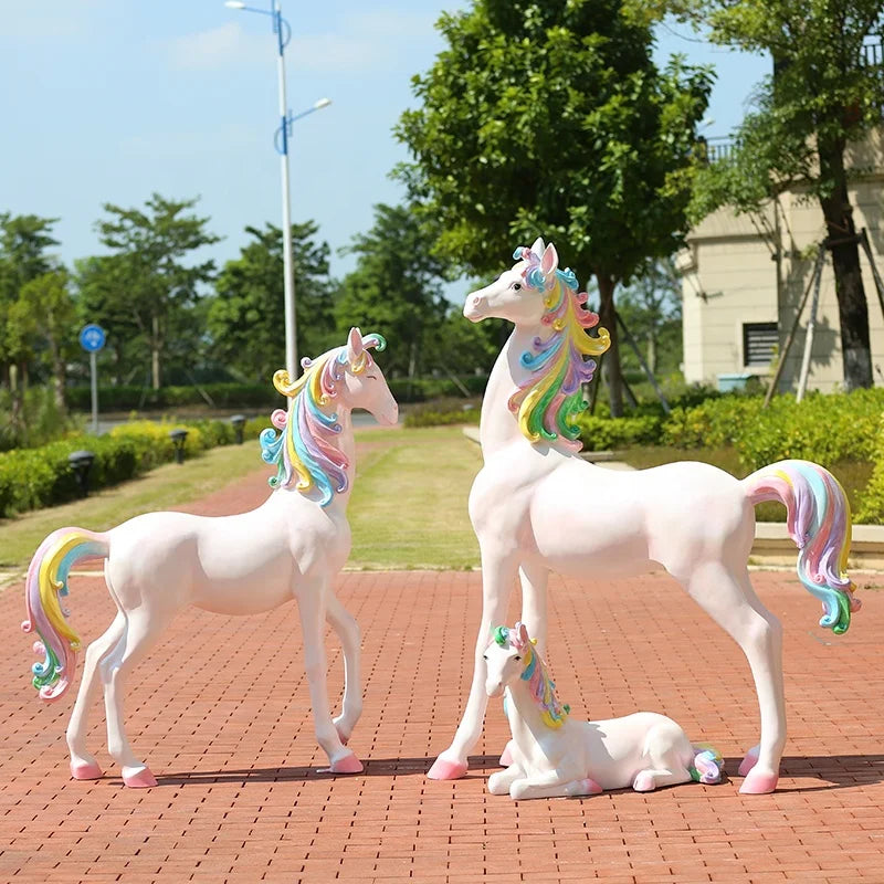 Life Size Unicorn Sculpture Resin Pink Horse Statue for Bar Salon Decoration