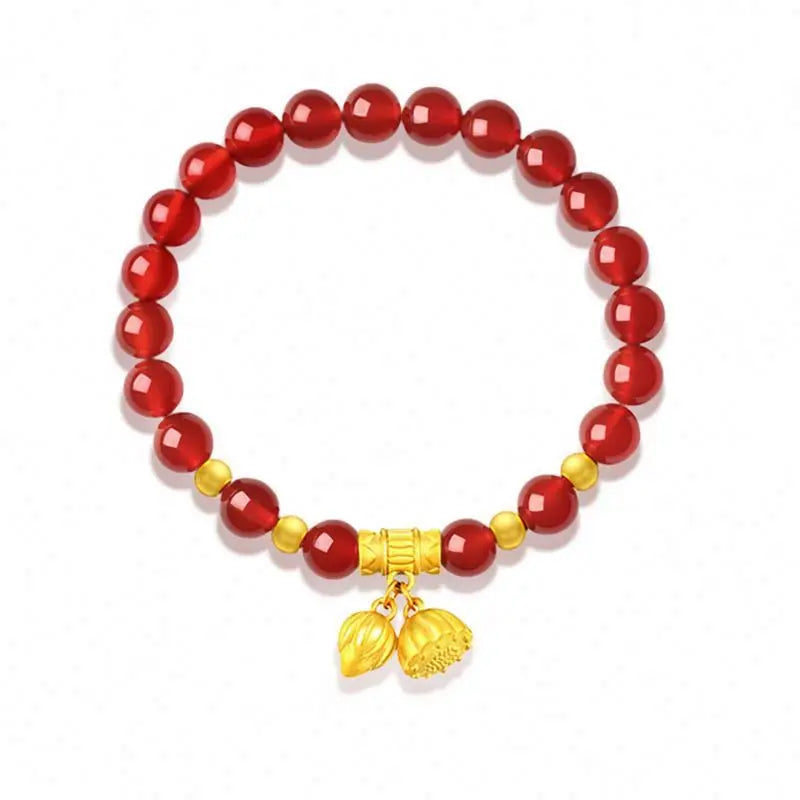 China 18K 25K Gold 49950.00G Shihuan Lotus Seedpod Pendant Lucky Beads Golden Balls Red And Green Agate Bracelet