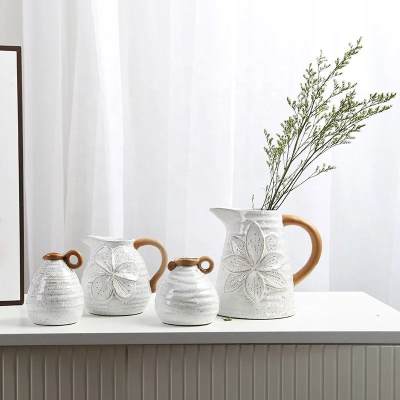Nordic Style Ceramic Flower Vase with Handler Countryside Rural Porcelain Pot
