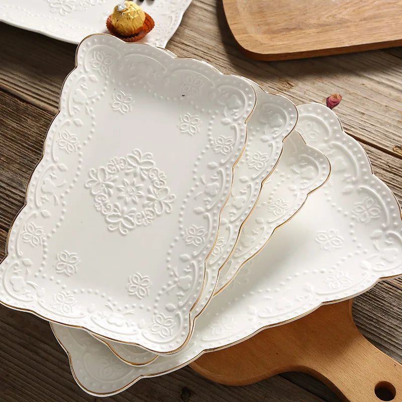 European-style Household Embossed Ceramic Rectangular Plate Round Steak butterfly Dinner Plate Fruit Snack Plate Wholesale