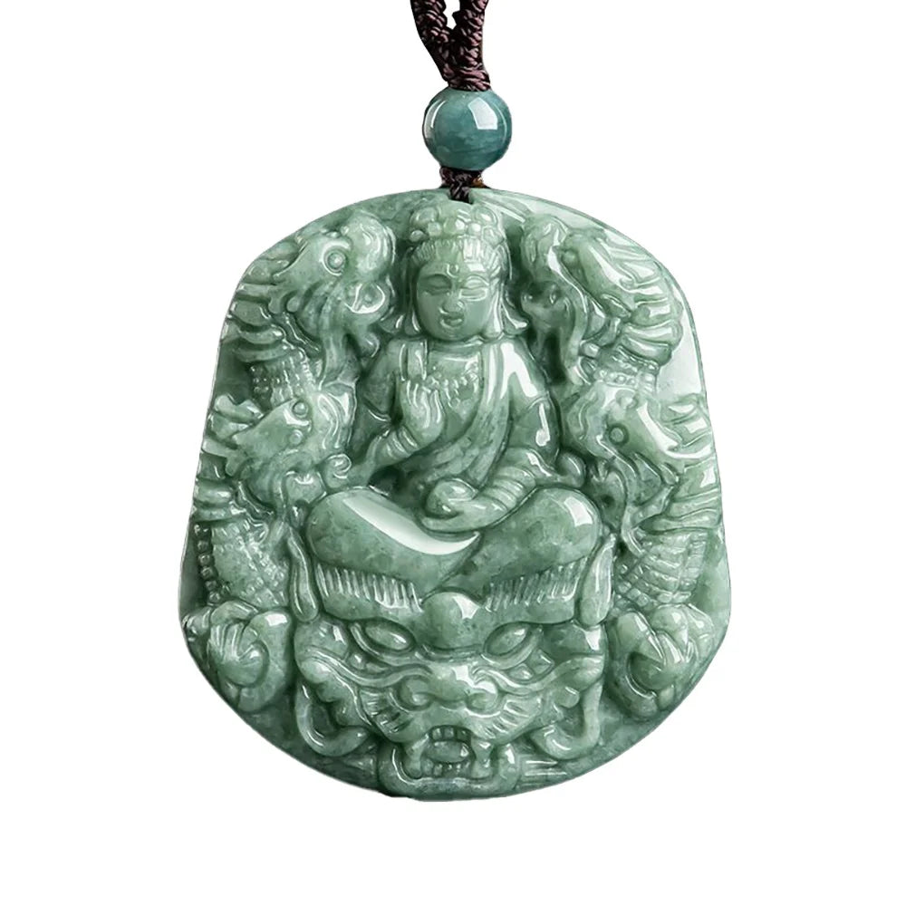 Natural Myanmar Jade Jewelry Chinese Nine Dragons Guan Yin Pendant Jadeite Necklace With Bead Necklace  for Both Men and Women