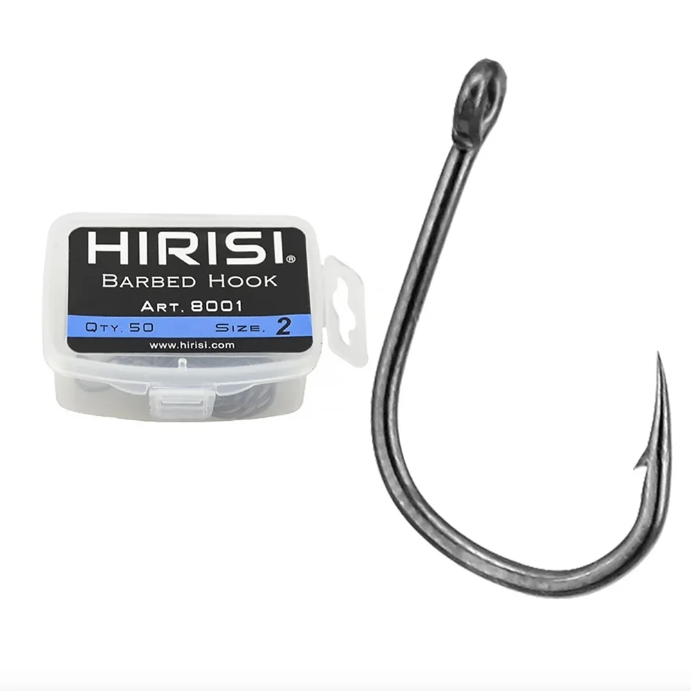 Hirisi 8001 High Carbon Coating Stainless Steel Barbed Hooks Carp Fishing Hooks Pack with Retail Original Box 50pcs Per Pack