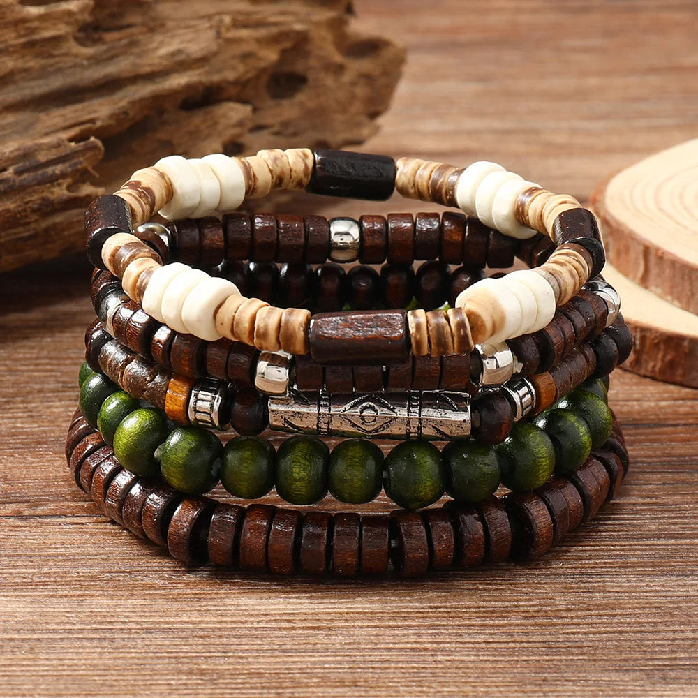 Hot Handmade Men's Retro Style Wood Bead Coconut Shell Set Multi-Layer Stretch Line Bracelet Gold Plating Beaded String Jewelry