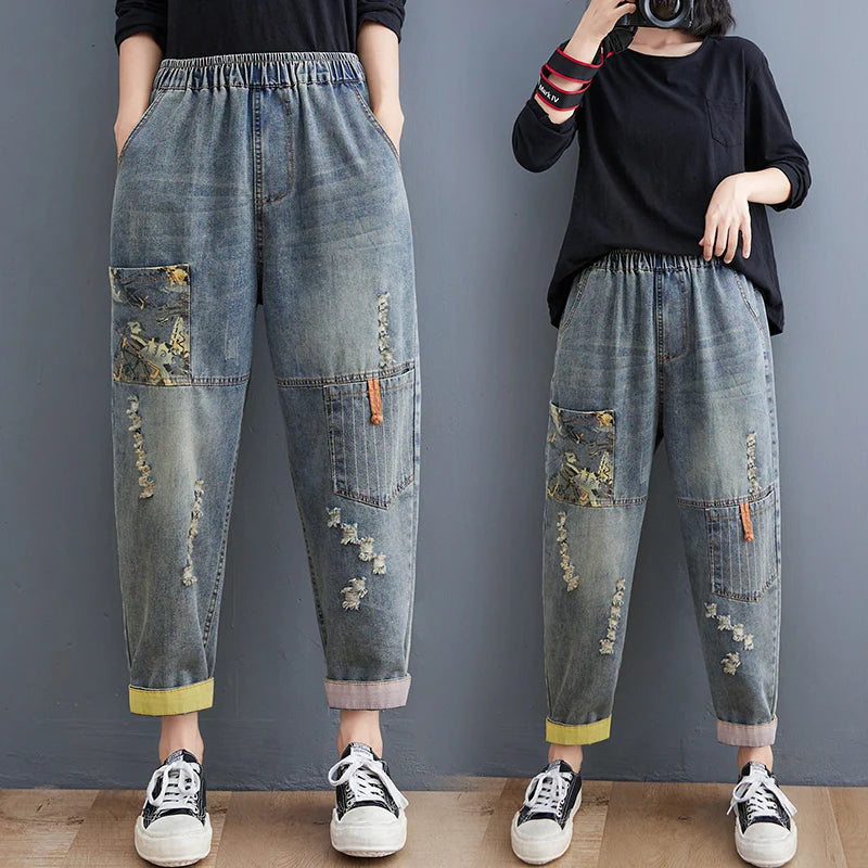Wholesale Old Stickers Printed Denim Daddy Pants for Women in Autumn 2026 New Large Size Slim Casual 9-point Harlan Jeans