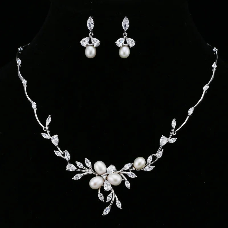 SLBRIDAL Luxury Sparkling Pave Setting Bridal Cubic Zircon Pearl Necklace Earring Set Wedding CZ Jewelry Set Women Party Jewelry