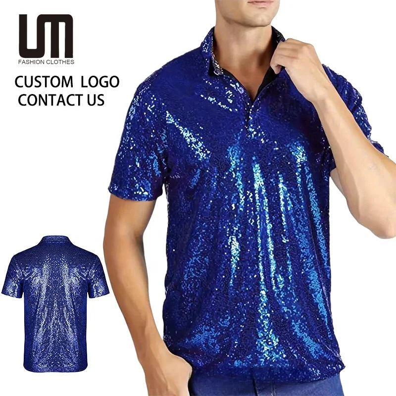 2025 New Men 70s Disco T-Shirt Fashion Casual Short Sleeve Sequins Party Shirt Nightclub Costume Tee Vintage Retro Style