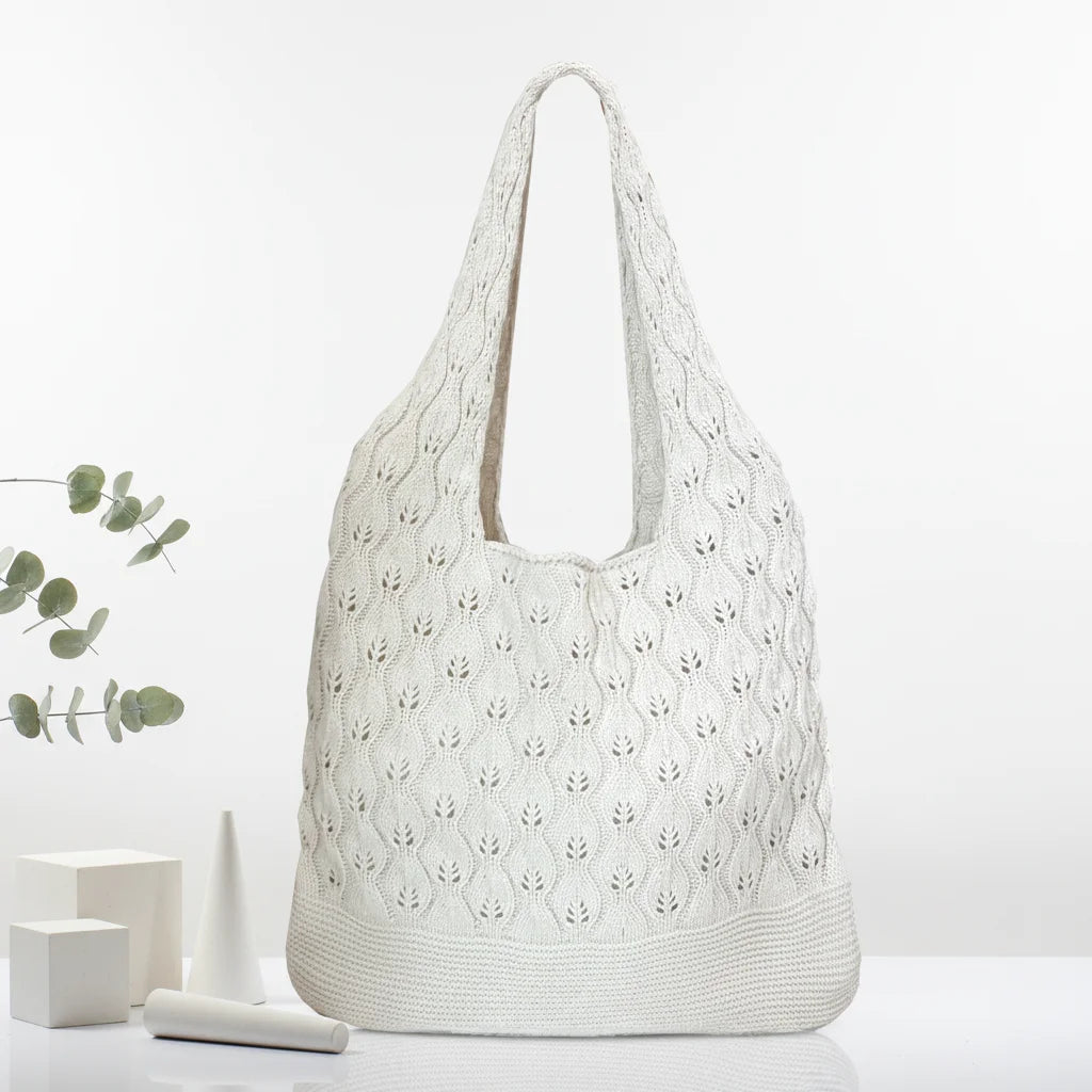 Handmade Yarn Woven Knitted Open Top Tote Bag Women Versatile Polyester Shoulder Shopping Bag Canvas Lining for Spring Summer