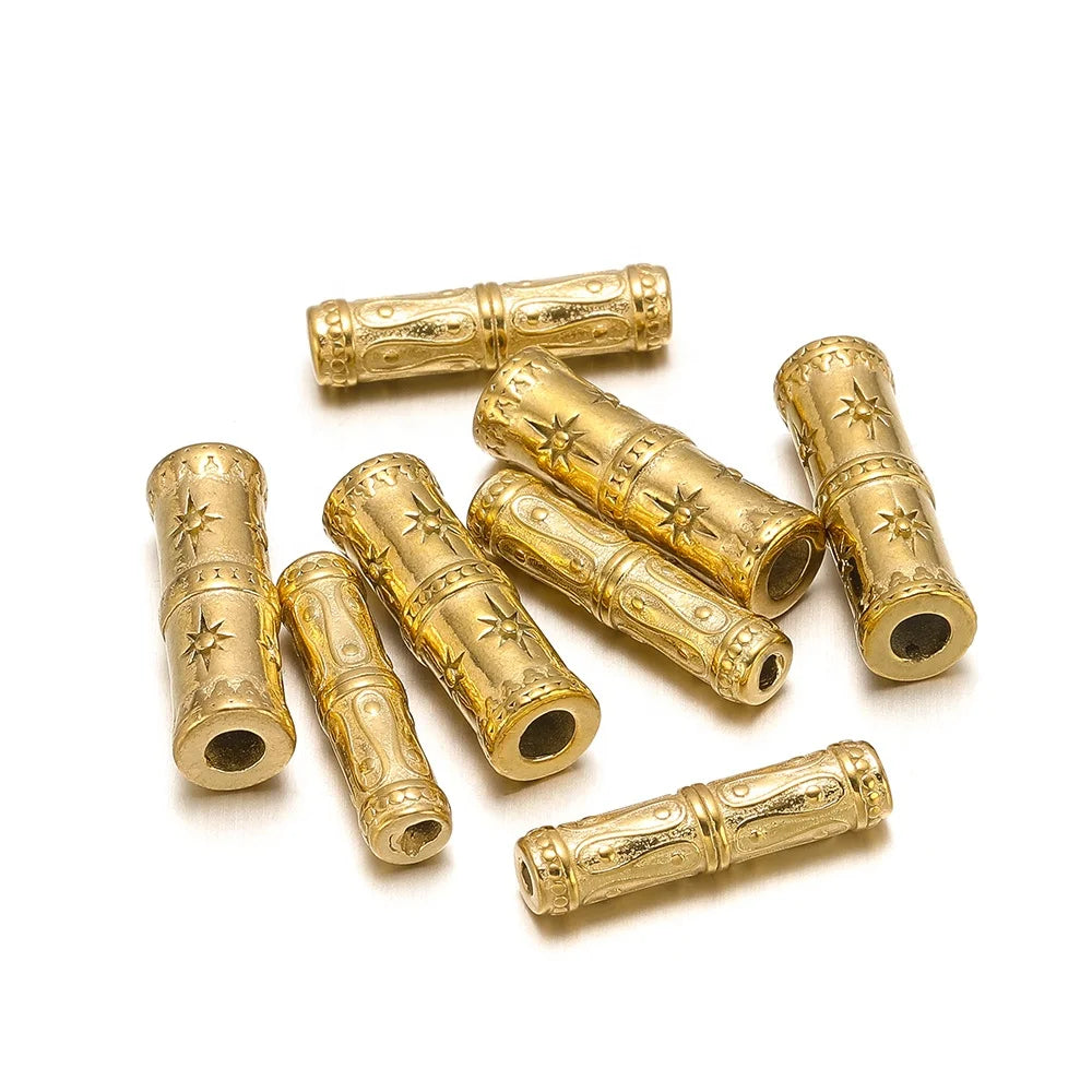 5pcs Stainless Steel Octagram Convex Line Cylindrical Hole Beads for DIY Woman Jewelry Bracelet Accessories Making