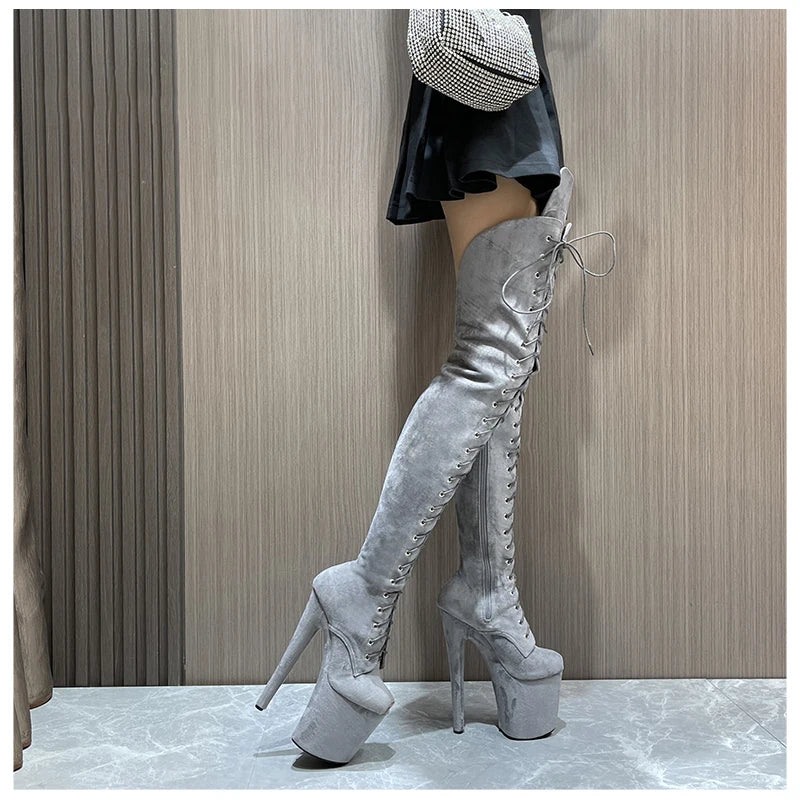 Suede Fashion Flock Pole Dance Women's Boots 20cm Ultra High Heel Platform Lace up Gothic Nightclub Large Size Over Knee Boots